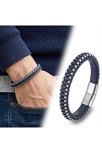 Mestore Navy Blue Leather and Drop Steel Chain Bracelet 31684B1D2-2