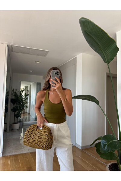 MERVE AKSOY Halter Yaka Fitilli Top - Yağ Yeşili