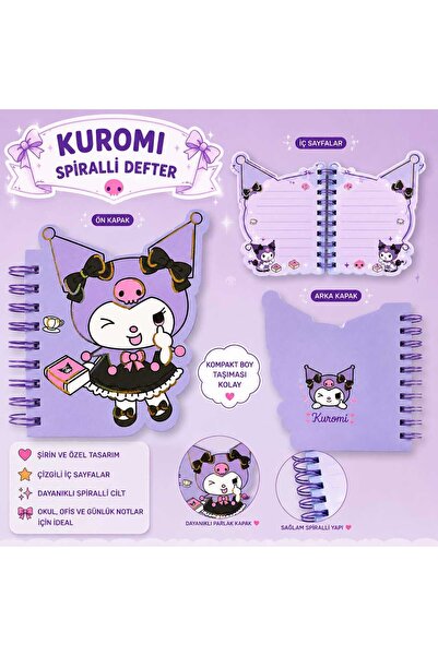 PeriMila Sanrino Kuromi Spiralli Defter Çizgili Özel Kesim Mor Mini Boy