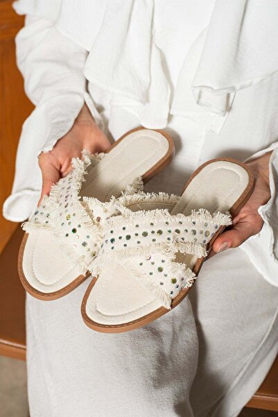 dabab shoes İnka Women's Straw Textured Bird's Eye Detailed Flat Ecru Slippers