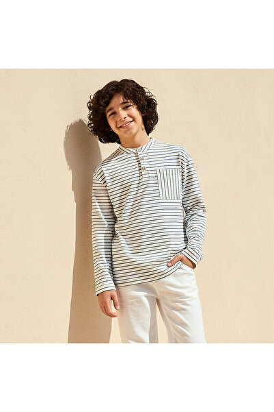 ELIGO Mandarin Collar Long Sleeves T-shirt with Stripes