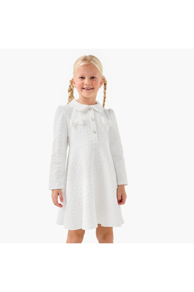 Juniors Collared Long Sleeves Dress with Bow Accent