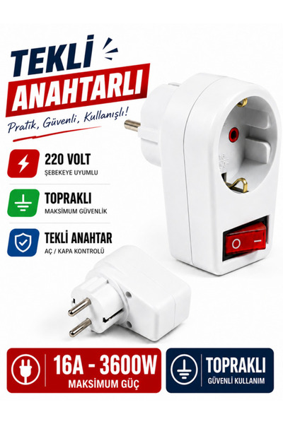 Vwin Tekli 1'li Topraklı Priz ( Anahtarlı ) Fişli, Fetih 117-01