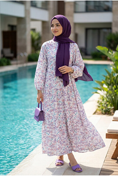 PALME D'OR Women's Floral Patterned Layered Buttoned Hijab Dress