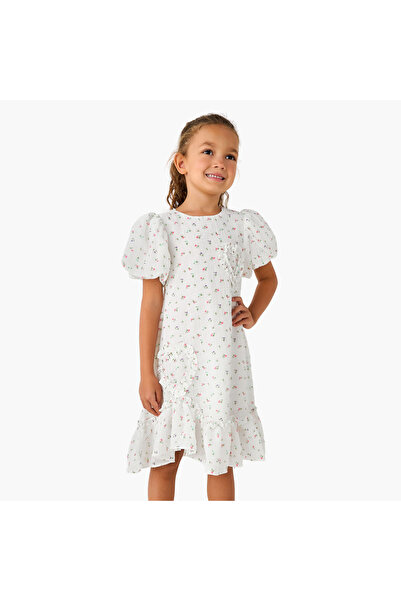 Juniors Round Neck Balloon Sleeve Dress with Heart Applique