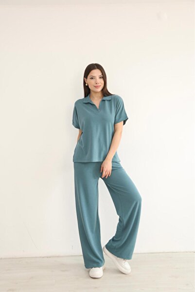 Mersella Softline Women's Polo Collar Bloom Fabric Double Set Cotton Relaxed ...