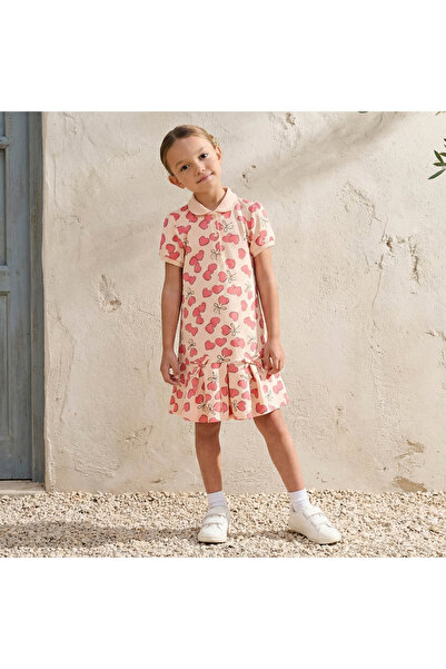 Juniors Collared Short Sleeves Drop Waist Dress with Heart Print