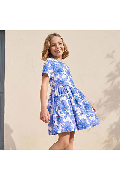 Juniors Round Neck Short Sleeves Knee Length A-line Dress with Floral Print
