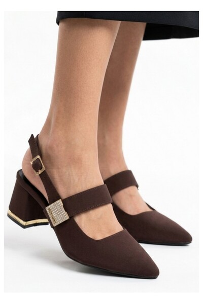 BellAyakkabı Bellamor Women's Satin Stone Buckle Thick Heeled Shoes
