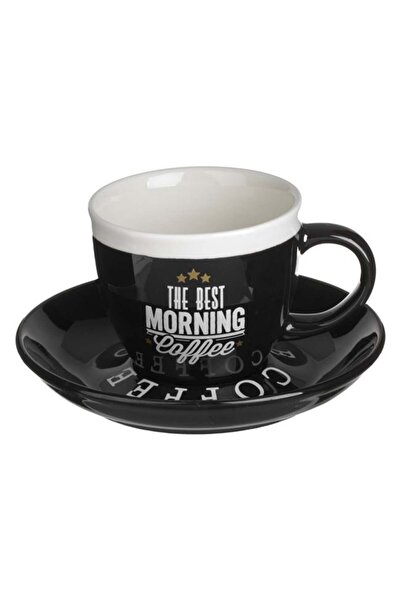 OEM Ceașcă Cafea New Bone 180 ml cu Farfurie, Negru-Alb cu Mesaj Decorativ