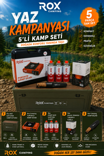 Rox Camping 5’li Kamp Seti 55 Lt Katlanır Kamp Kutusu + Portatif Kamp Ocağı +...