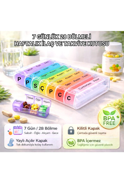 Saatistan 7 Günlük 28 Bölmeli Kilitli İlaç Ve Takviye Kutusu L Yaylı Kutulu L...