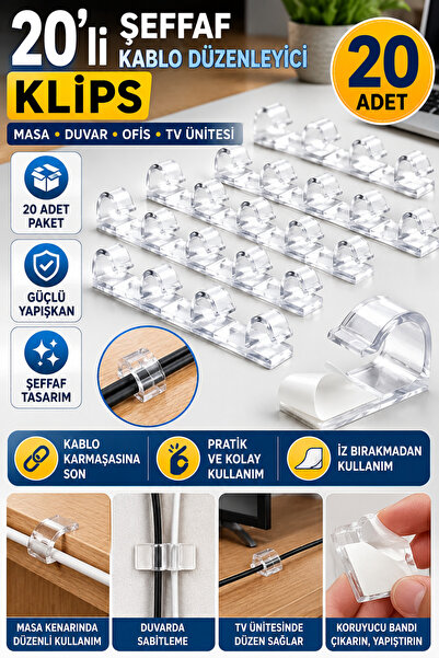 Hane Dostu 20’li Şeffaf Kablo Düzenleyici Klips Kendinden Yapışkanlı Kablo Tu...