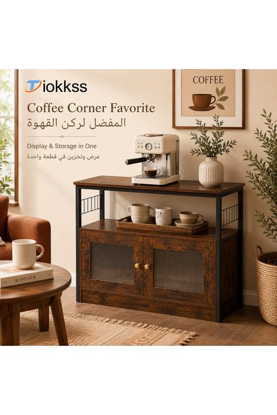 Tiokkss خزانة جانبية بتصميم صناعي ريفي، خزانة تخزين بوفيه بطول 100 سم مع أبواب مضلعة ورف مفتوح، خزانة بار قهوة للمطبخ وغرفة الطعام وغرفة المعيشة والمدخل