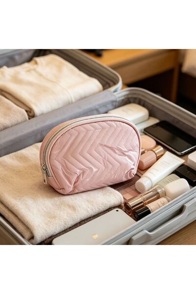 idei Geantă Cosmetică Semirotundă Tip Scoică PU Lucios Roz Pastel cu Cusături...