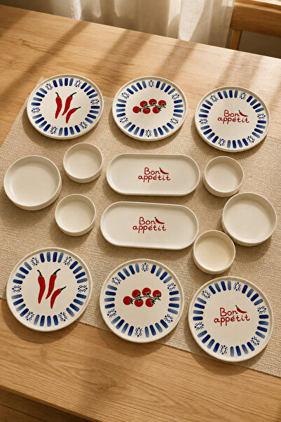 Papart Blue Bon Appetit 14 Parça 6 Kişilik Stackable Seramik Kahvaltı Takımı ...