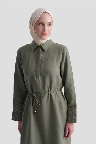 Armine Embroidery Detailed Linen Dress Khaki
