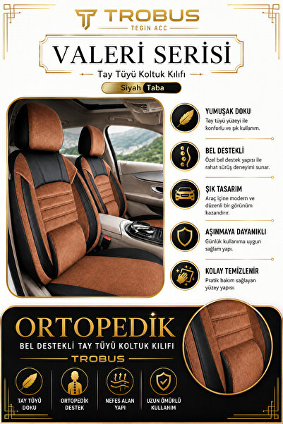 TROBUS Renault Symbol Joy 2013-2020 Uyumlu Valeria Serisi Taba Siyah Bel Destekli Tay Tüyü Koltuk Kılıfı
