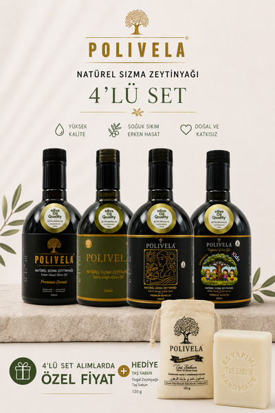 Natürel Sızma Zeytinyağı 4'lü Karma Set 4x500 ml Erken Hasat Soğuk Sıkım + Zeytinyağlı Taş Sabun Hediyeli