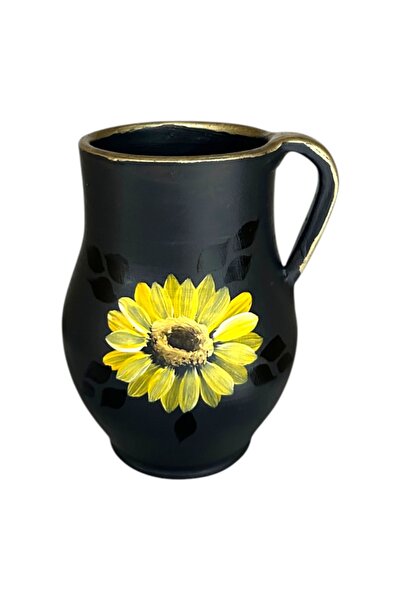 Ceramica Martinescu Ulcior decorativ negru cu floarea-soarelui pictata manual...