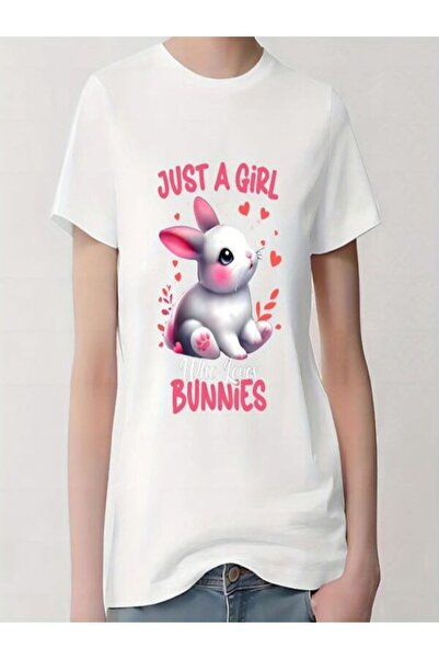 COZYWEAR Just a Girl Who Loves Bunnies Printed White T-Shirt