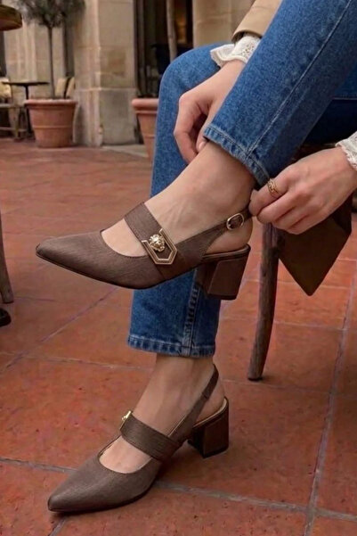 Nubbock Brown Satin Brooch Detailed Women's Thick Heeled Shoes Wsb3180