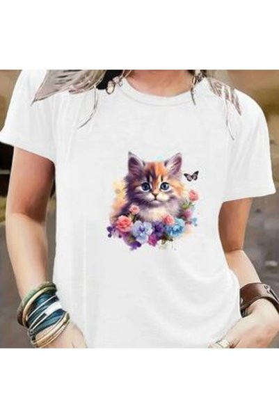 vorena Cute Cat Printed White T-Shirt