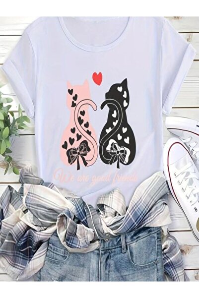 COZYWEAR Hearted Cat Printed White Oversize T-Shirt