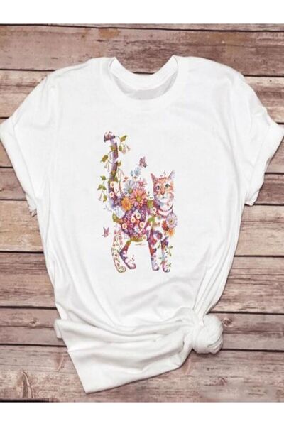 vorena Floral Patterned Cat Printed White Oversize T-Shirt