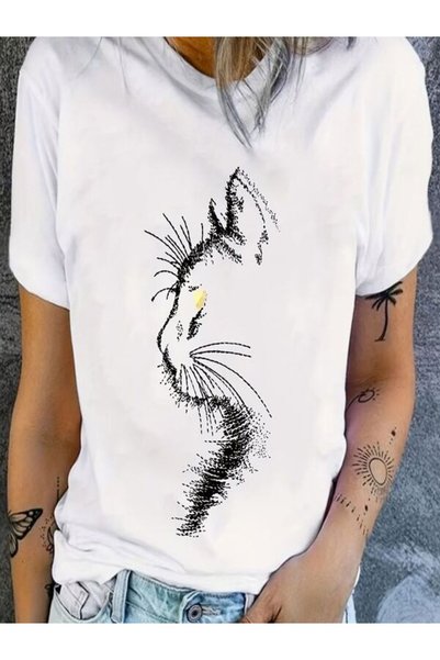 vorena Artistic Cat Printed White Oversize T-Shirt