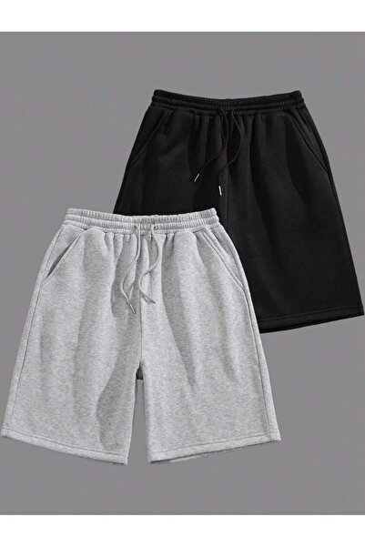 SANTAMİLA 2-Piece Unisex Black and Gray Plain Shorts