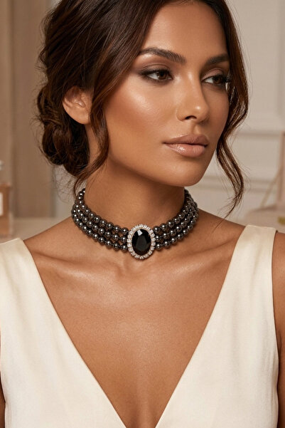 Happyline Oval Taşlı Füme Boncuklu Choker Kolye, Füme Boncuk Kolye , Tasma Ko...