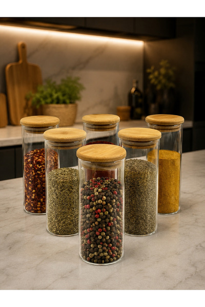 YzHome Set of 6 Glass Bamboo Vacuum Lids Spice Jar Set Jars 350ml