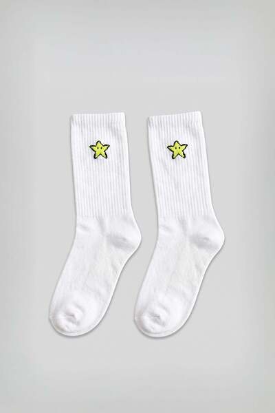 ablukaonline Unisex Emoji Star Patterned College Tennis Socks White