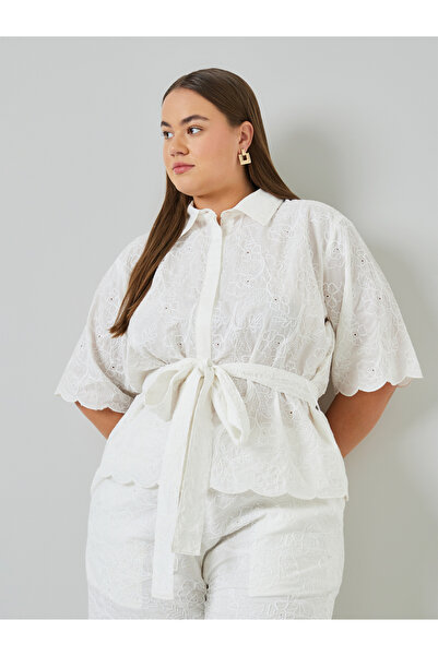 Styli Plus Size Embroidered Shirt with Tie-Belt