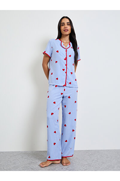 Take Two By Styli Blue Heart Striped Print Shirt and Pyjama Set