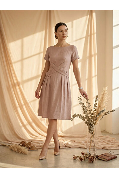 Mish By Styli Pink Criss-Cross Waist Detail Knee Length Dress