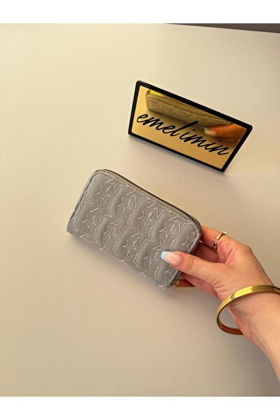emelimin Women's Gray Star Embroidered Quilted Zipper Wallet Card Holder