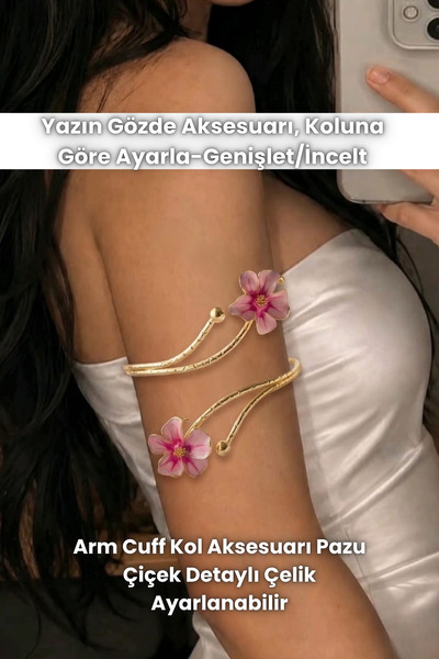Elifsu Jewelry Arm Cuff Kol Aksesuarı Pazu Çiçek Detaylı Çelik Ayarlanabilir
