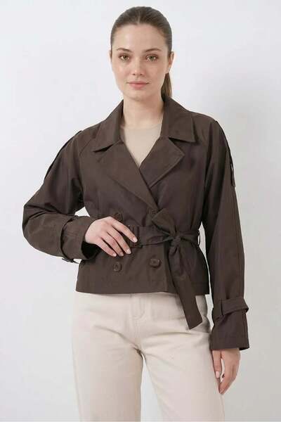 Generic Brand Women's Classic Collar Belted Double Button Light Brown Trench ...