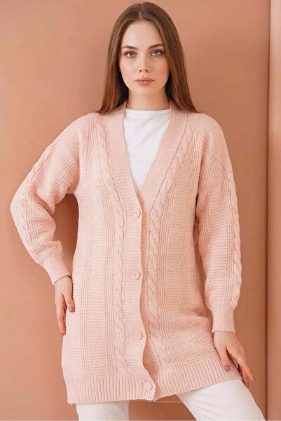 ALFA AKSESUAR 03 Women's V-Neck Hair Braid Pattern Buttoned Knitwear Powder H...