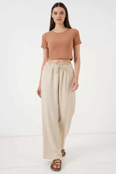 Generic Brand Women's Elastic Waist Linen Wide Leg Cream Palazzo Trousers