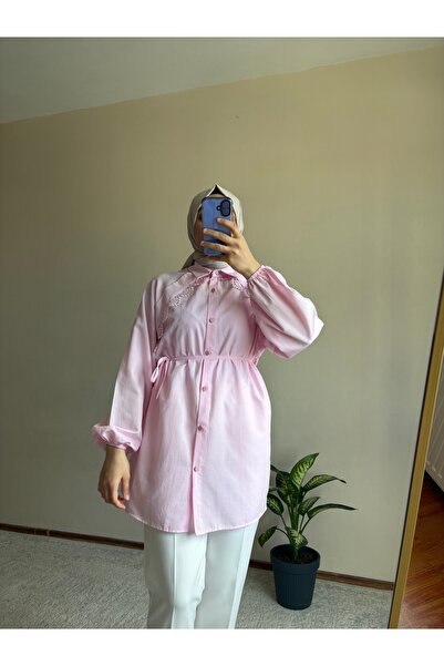 ELORİA H.A.Y Dantel Detaylı Tesettür Gömlek-PEMBE