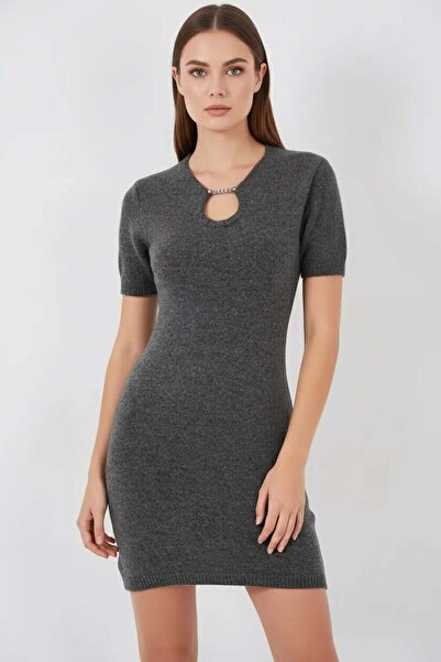 Generic Brand Women's Round Neck Short Sleeve Knitwear Anthracite Dress