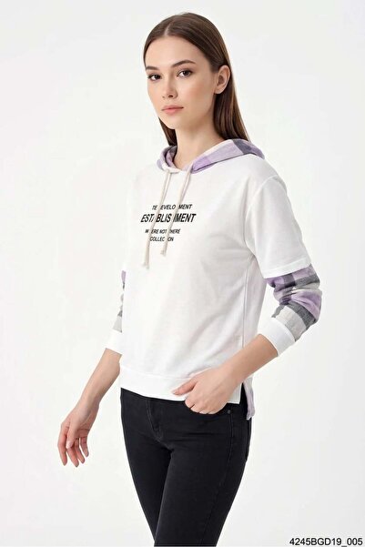 ALFA AKSESUAR 03 Women's Hooded Plaid Patterned White Sweatshirt