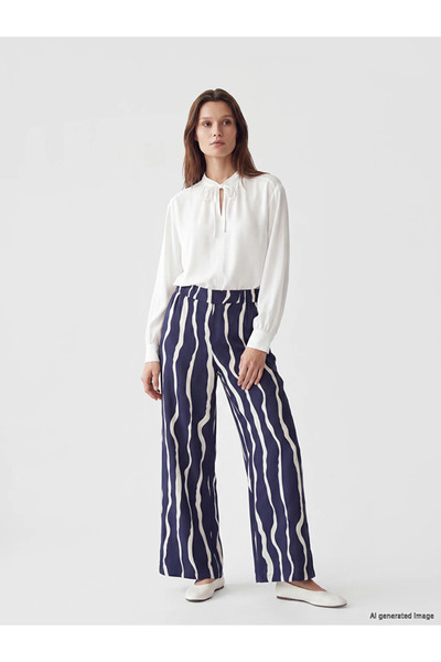 LC Waikiki Navy Blue Elastic Waist Patterned Women's Trousers
