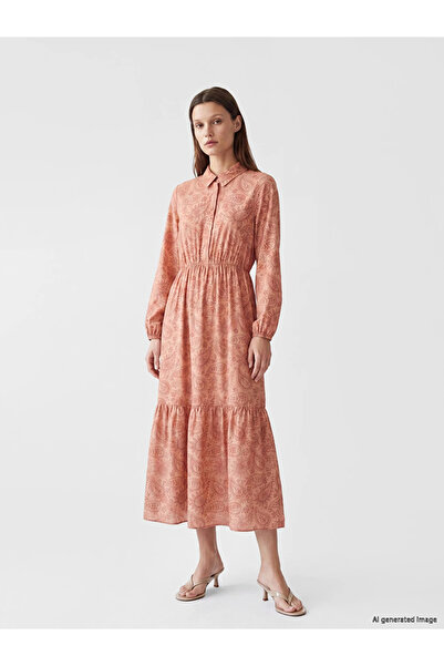 LC Waikiki Pink Shirt Collar Patterned Waist-Sitting Women's Dress