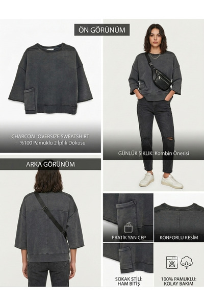 Avcılar Bazaar Kadın Pamuklu Oversize Yıkamalı Antrasit Vintage Cepli Sweatshirt