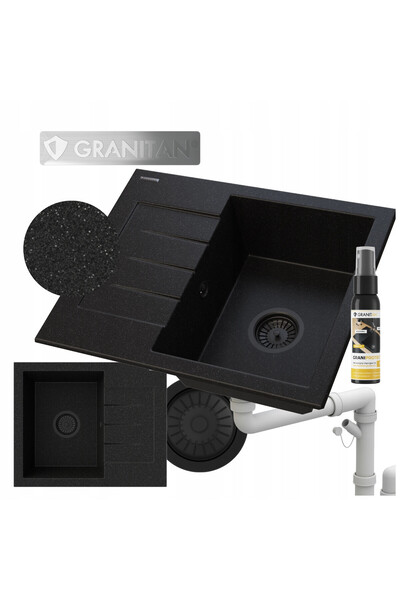 Granitan Set chiuveta bucatarie si sifon, Granitan, Granit, 35mm, Negru