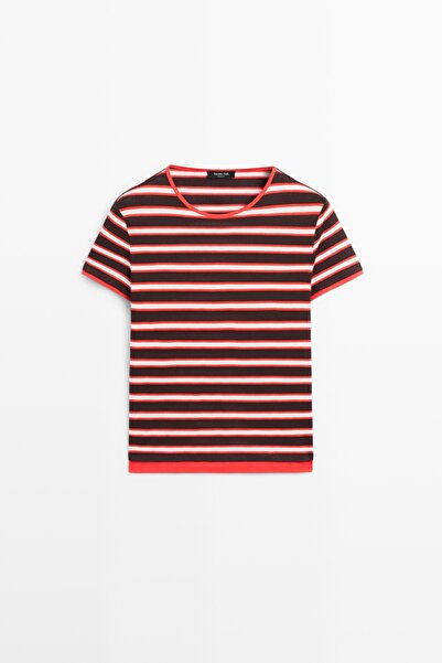 Massimo Dutti %100 pamuklu kısa kollu çizgili t-shirt